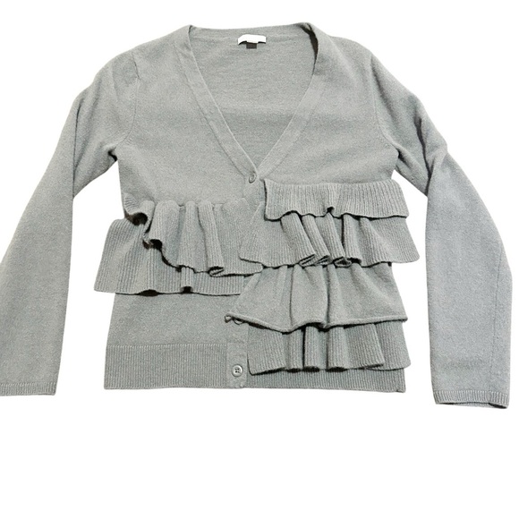 Garnet Hill Ruffle Cardigan Wool Sweater Gray Long Sleeve Women's Size Small - Picture 2 of 8